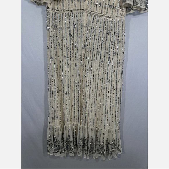 NWT $578 Mac Duggal [ 10 ] Embellished Beaded Flounce Sleeve Midi Dress‎ Cream - Picture 15 of 15